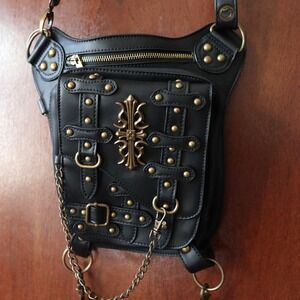 Brand New Steel Master Black Faux Leather Steampunk Studded Cross Chain Leg Bag